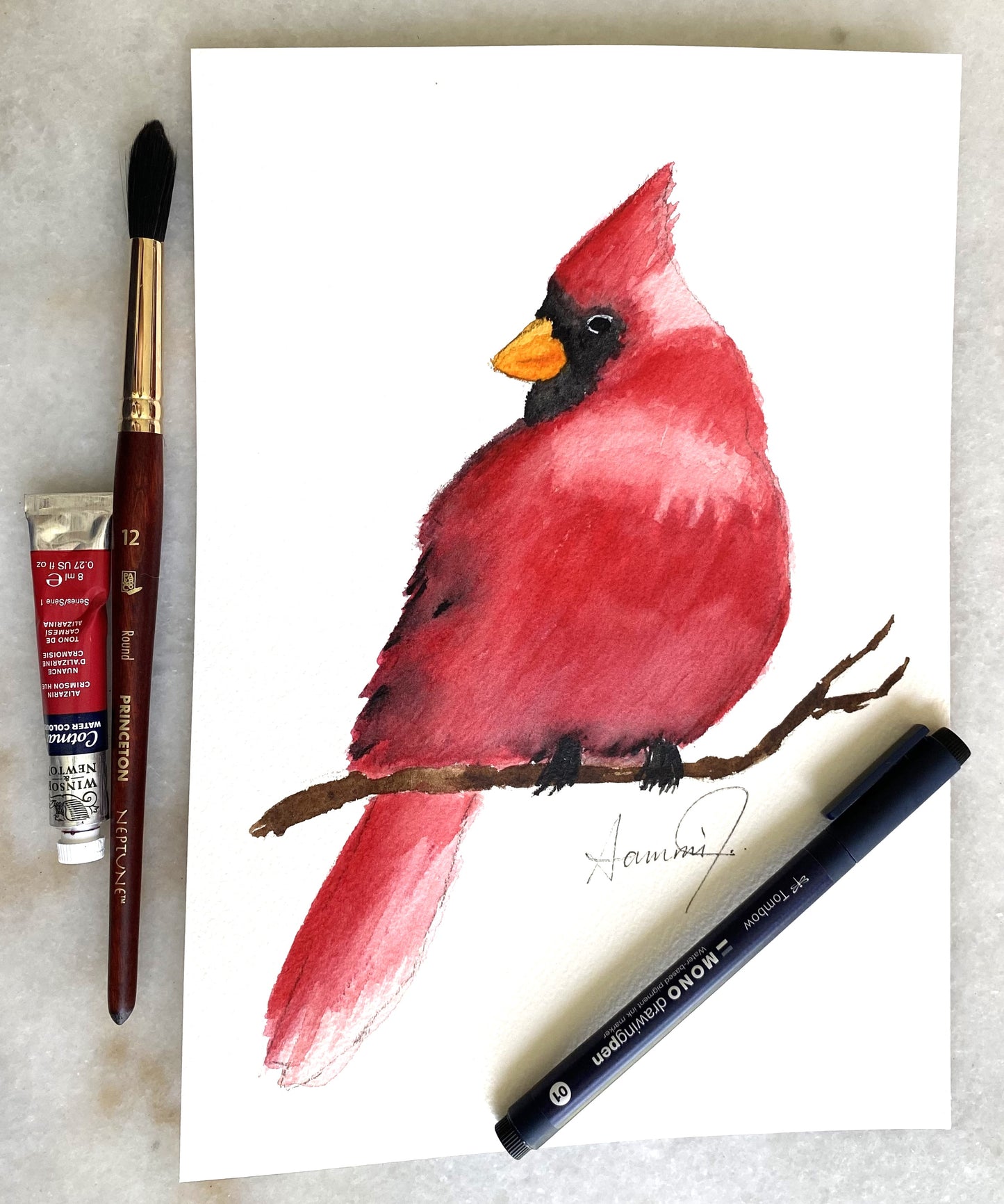 "Alizarin Crimson Cardinal" - Original Watercolor